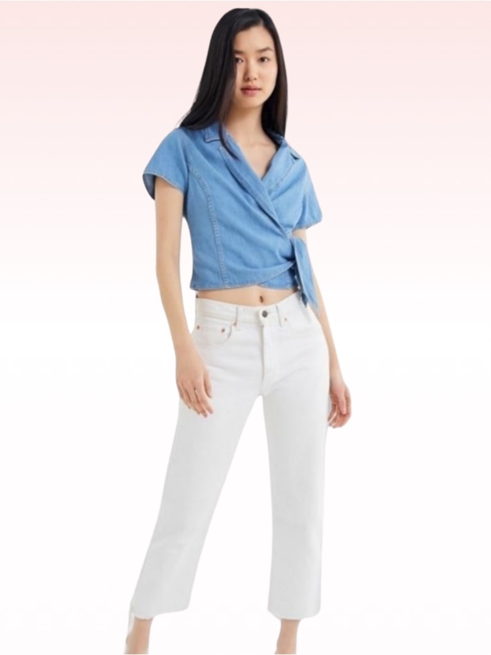 URBAN OUTFITTERS BDG Denim Collared Wrap Cropped Top Chambray Tie Top